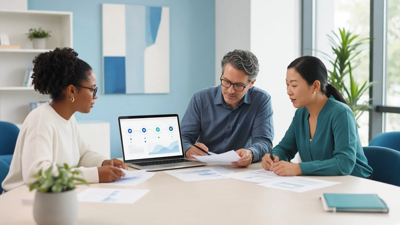 IRB reviewers discussing protocol documents around a laptop
