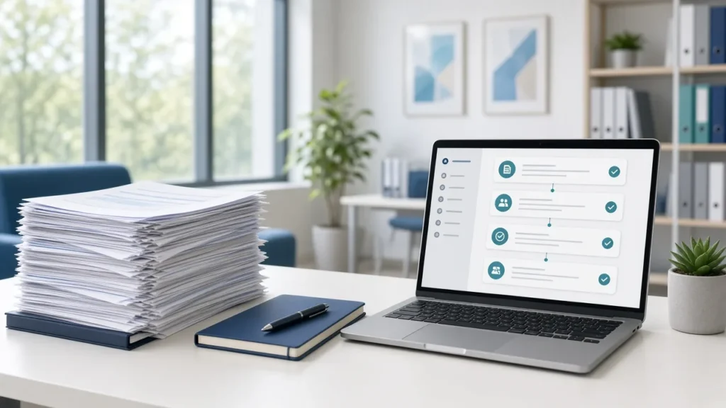 Stack of grant paperwork beside a laptop showing a streamlined digital workflow